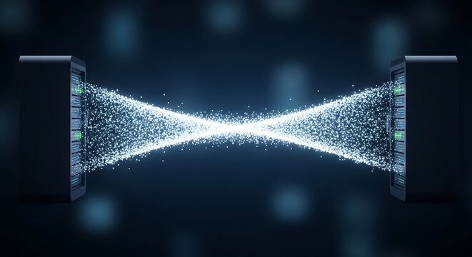 Two server units connected by a glowing data stream in a dark digital environment