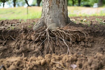 Fototapeta premium Close up of exposed tree roots struggling in dry, cracked soil, highlighting the impact of drought on plant life