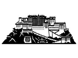 Fototapeta premium Black Silhouette Icon of Tibetan Palace and Himalayan Mountains