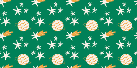 Cute seamless pattern in modern retro style with planets, stars, comets. Minimalist flat vector illustration for kids nursery decor, fabric print, cosmic packaging. Astronomical green background © Coxic25