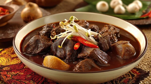 Hearty bowl of Indonesian Rawon spicy dark beef soup with keluak and tender meat chunks, garnished with bean sprouts and chili