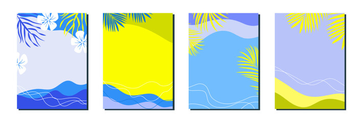Obraz premium Bright summer background with tropical leaves. Template for seasonal vacation design, discount banners, posters, invitations, and social media graphics. Flat-style vector illustration.