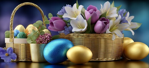 Obraz premium Festive golden Easter baskets displaying colorful eggs and blooms background. Baskets filled with spring flowers and golden eggs symbolizing Easter celebration