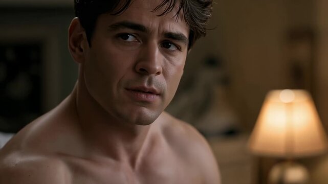 Sitting shirtless man shifting gaze after hearing noise on bed, bedside lamp glowing