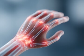 Transparent hand showcasing joint pain with glowing red highligh