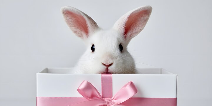 A white rabbit is peeking out from a gift box against a light background