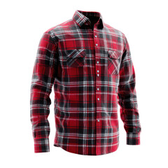 Red plaid button-up flannel shirt front view isolated on Transparent Background