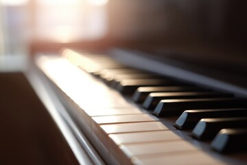 Soft sunlight illuminates piano keys, highlighting their elegant