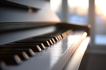 Soft sunlight illuminates piano keys, creating serene atmosphere