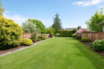 Lush green lawn stretches under clear blue sky, bordered by vibr