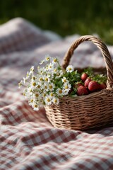 Delicate basket filled with strawberries and wildflowers on picn