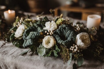 Elegant arrangement combines fresh greens and white blooms, crea