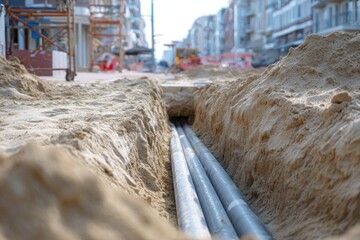 Construction site features deep trench revealing pipes laid in s