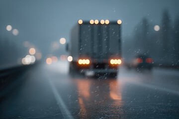 Truck driving through heavy rain, headlights illuminating wet ro