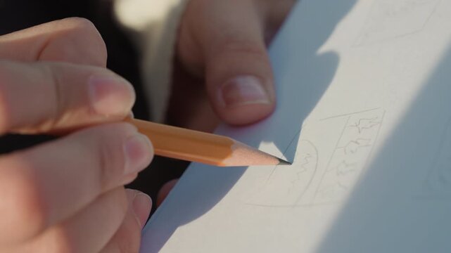 Closeup of artistic graphite sketch. Focused hand creating fine textured pencil art piece. Meticulous sketching with steady technique under studio lighting conditions to highlight texture