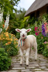 Fototapeta premium Lamb walks on a path surrounded by vibrant flowers and green plants