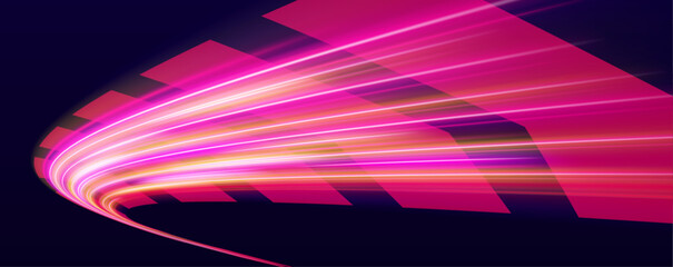 Multicolor speed trail flows rapidly across the scene, leaving glowing curved trails with scattered spark particles. Futuristic accent. vector © Romstock