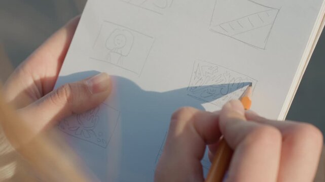 Closeup hands sketching dotted thumbnails on sunlit notebook page, pencil tapping gently to create grid, tiny portrait and triangular pattern studies, warm sunlight casting soft shadow, focused