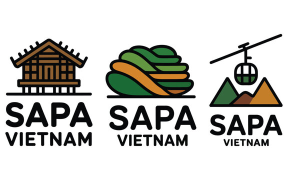Sapa Vietnam travel landmark logo set with mountains, rice terraces and traditional house