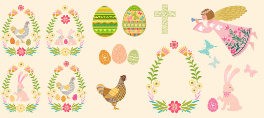 Vintage Easter Set. Big Collection of design elements isolated on White background. Collection of Christian Symbol. Easter egg shape with bunny - traditional symbol of holiday. Vector illustration