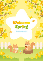 Fototapeta premium Spring Flower Theme Cute Pastel Squirrel and Yellow Forsythia Illustration
