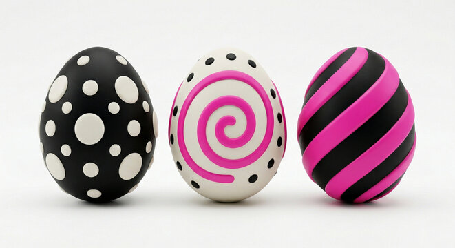 Modern Easter eggs with bold black, white and pink patterns