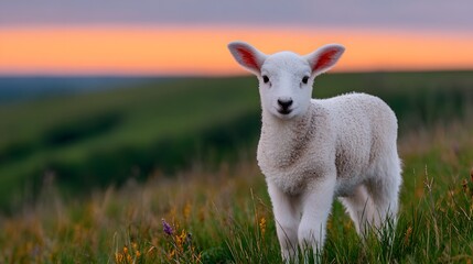Obraz premium A lamb stands in a grassy field with detailed wool fibers during sunset