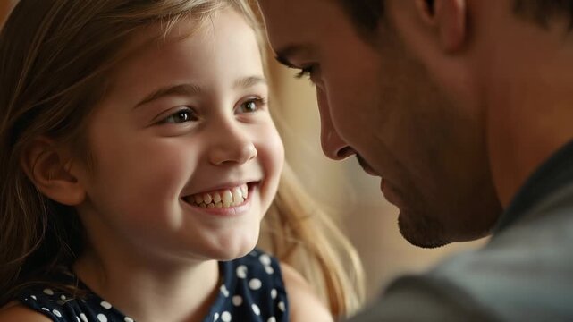 Leaning dad in gray whispering to child wearing navy polkadot dress on couch, laughing and bonding