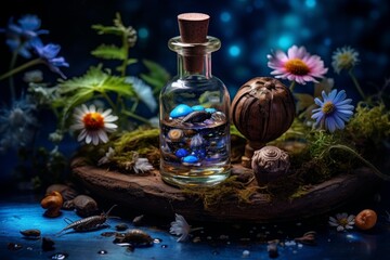 Fototapeta premium Glass bottle with glowing creatures and cosmic elements on a mossy wooden surface