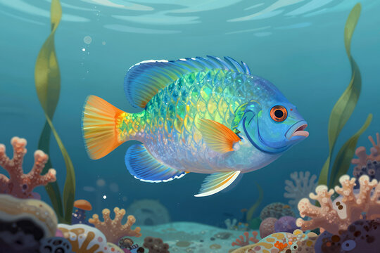 Vibrant Tropical Fish Swimming Gracefully among Coral Reefs and Sea Plants in an Underwater Ocean Scene with Detailed Scales and Colorful Fins