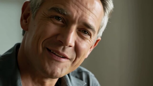 Smiling middle-aged man tilting and leaning while camera pulling back at home, grey collared shirt