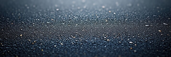Obraz premium Close-up of glistening raindrops and tiny pebbles on wet dark asphalt, moody reflective surface evoking calm solitude