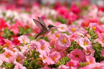 Fototapeta premium Hummingbird hovers among vibrant pink flowers in a sunny garden setting Generative AI
