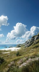Beautiful coastal landscape with a white sandy beach, turquoise sea, and grassy hills covered in wildflowers under a blue sky with fluffy clouds