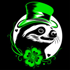 Obraz premium Faultier mit Leprechaun Hut und Kleeblatt als St Patricks Day Vektor Illustration auf Schwarz