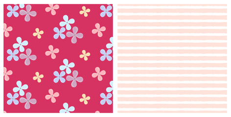 Set of two seamless patterns set with hand drawn wildflowers and stirpes on isolated background. Design for Mother&rsquo;s Day, Easter, springtime and summertime celebration, scrap booking.