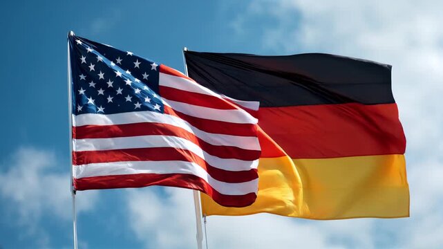 us american and german flag waving in blue sky. relations between usa and germany