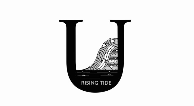 Stylized letter U with a rising tide and landmass illustration