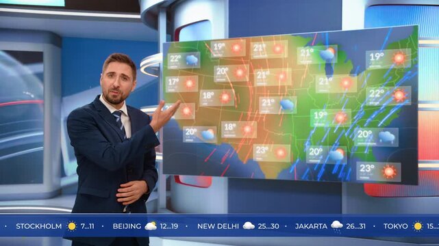 Edited Montage of News Segment: Meteorologist Delivers National Forecast. USA Map With Temperature Icons, Sun, Rain, Ticker, Severe weather Tracking. Broadcast Mockup Playback, TV Screen Replacement