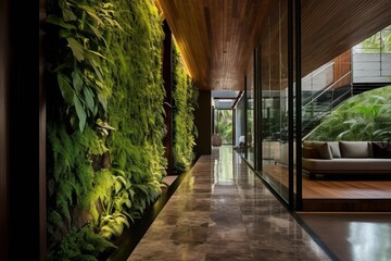 Obraz premium Contemporary corridor with a lush vertical garden and sophisticated wooden elements