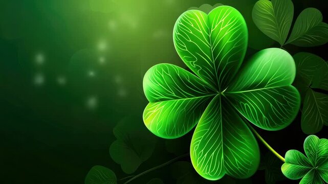 A vibrant green four leaf clover with a blurred background of leaves and a soft glow effect.