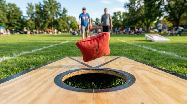Opened ingredient bean bag flying towards cornhole board on green grass field. Exciting game moment capturing motion of an opened ingredient during outdoor recreation.