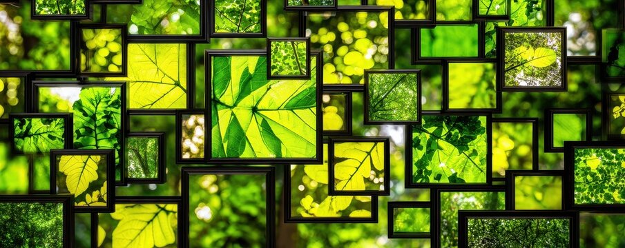 Collage of bright green leaves and nature scenes displayed in multiple overlapping black picture frames