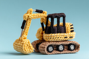 realistic studio photo of a small excavator machine made of yellow and black chunky yarn for cozy heavy equipment and construction concept