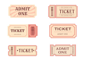 Set of vintage retro ticket with barcode. Classic cinema, theater and event coupon templates in beige and red colors.  vector design for events, shows, and carnival posters