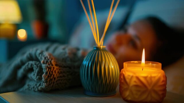 A tranquil scene of a woman sleeping with a lit candle and an orange oil diffuser next to her on the bedside table.