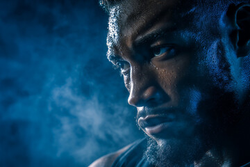 determined african american male athlete with sweat on face looking at camera on dark blue background portrait