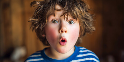 surprised little boy with look of amazement and wonder on face wearing striped shirt on brown background