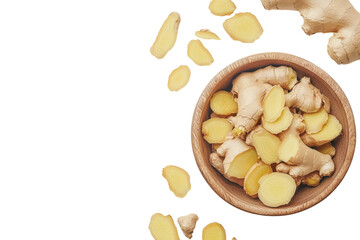 Fototapeta premium Fresh ginger root slices in a bowl isolated on transparent background. Fresh ginger root and slices arranged in a bowl on a clean white background.