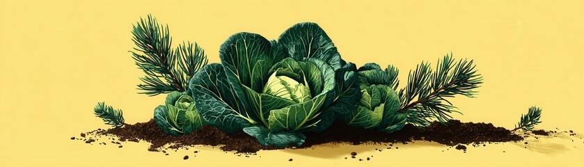 Fototapeta premium Fresh green cabbages growing in dark soil with surrounding pine tree branches